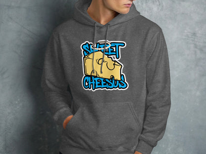 Dark grey hoodie with a "Sweet Cheesus" cheese graphic and halo.