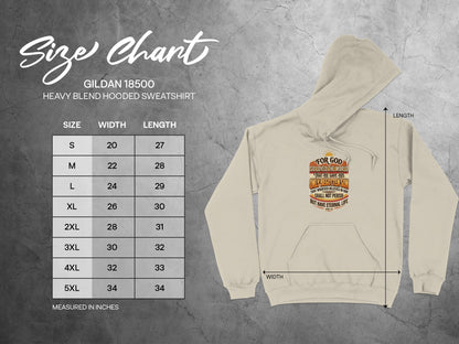 Gildan 18500 size chart for heavy blend hooded sweatshirt with measurements.