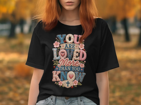 Black t-shirt with "You Are Loved More Than You Know" text and floral design.