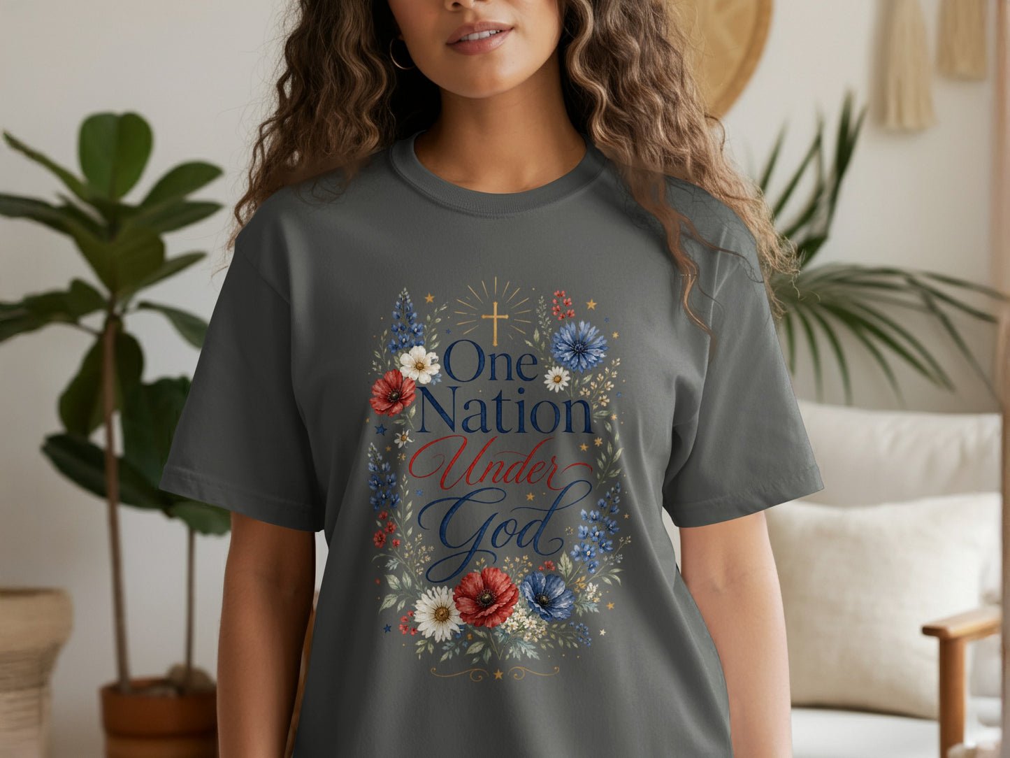Gray t-shirt with floral wreath and "One Nation Under God" text.