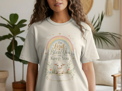 Cream t-shirt with rainbow, stars, and text "The Lord Bless You and Keep You".