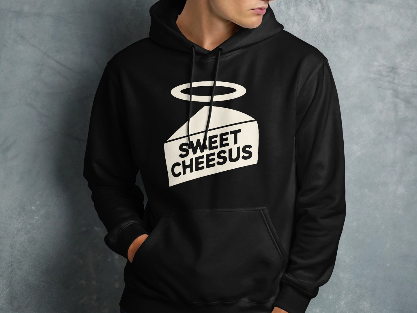 Black hoodie with "SWEET CHEESUS" text on a stylized slice of cheese.