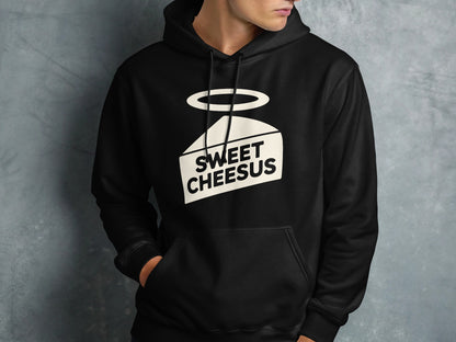 Black hoodie with "SWEET CHEESUS" text on a stylized slice of cheese.