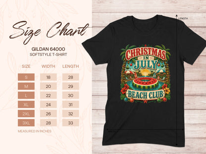 Gildan 64000 size chart with Christmas in July Beach Club t-shirt graphic.
