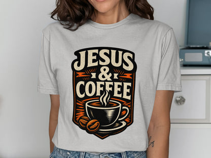 Jesus & Coffee graphic with steaming mug and coffee beans on a t-shirt.
