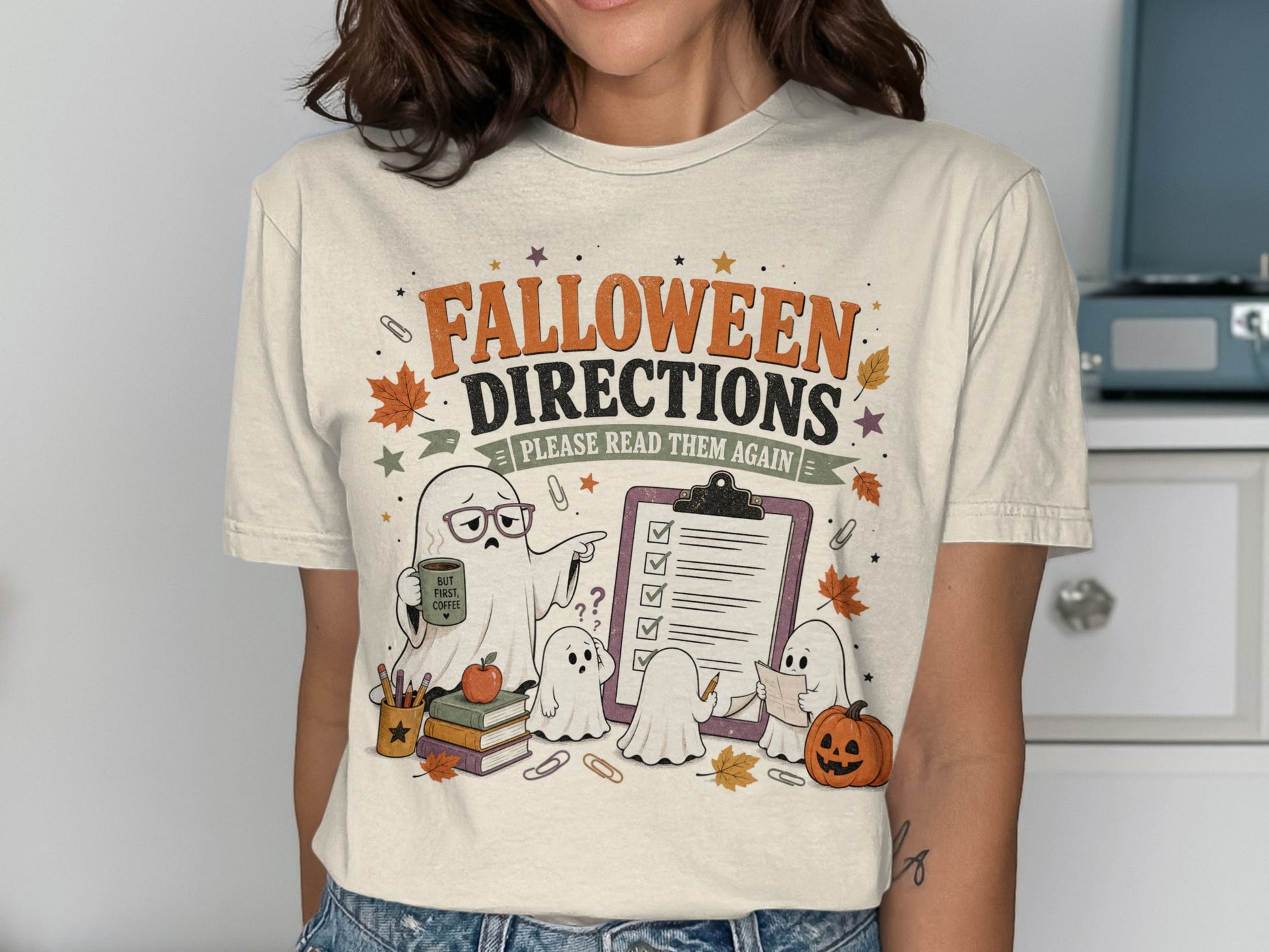 Halloween Directions, please read them again shirt with ghosts, checklist, and pumpkin.