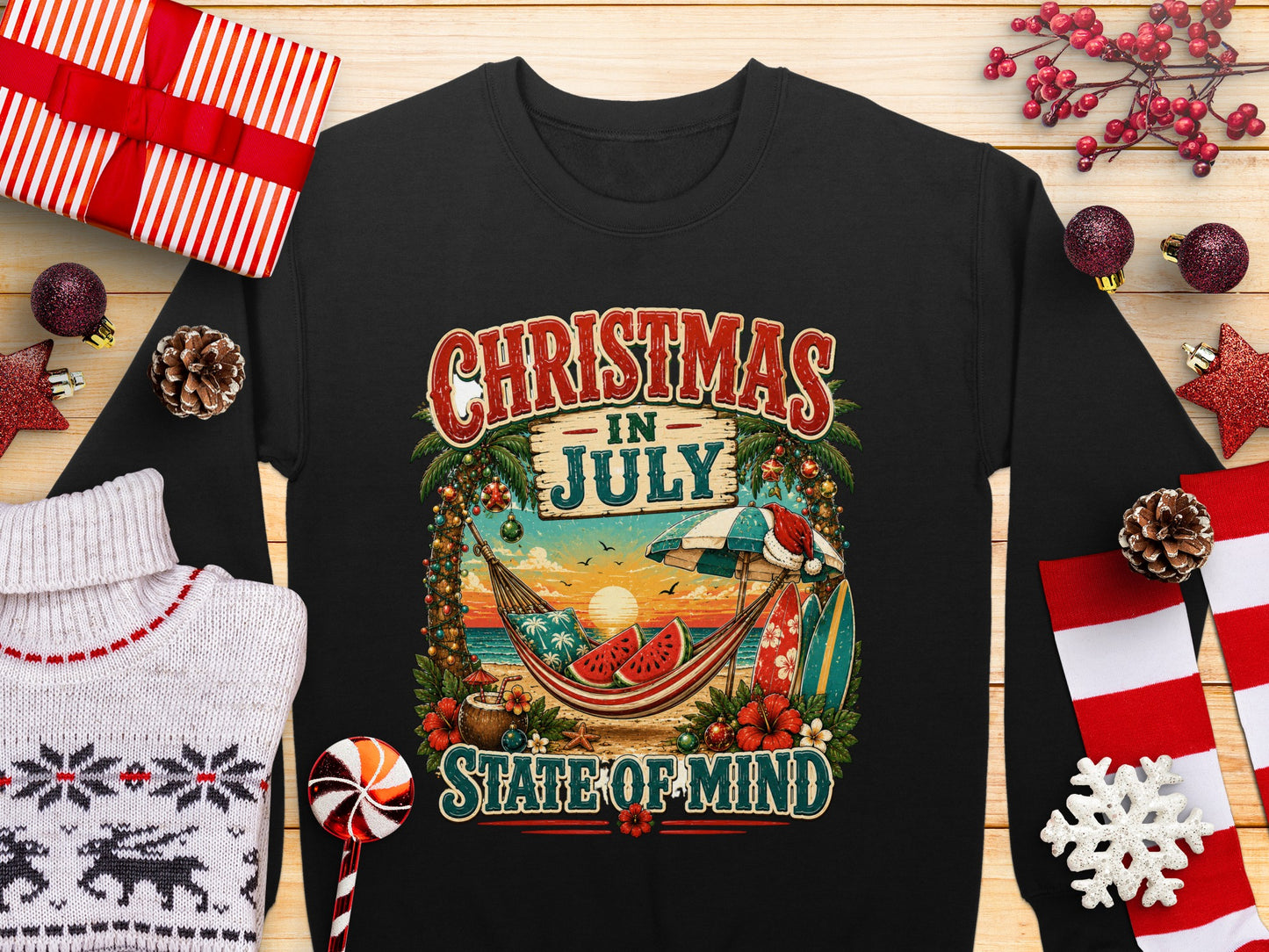 Christmas in July State of Mind graphic with hammock, surfboards, and beach sunset.