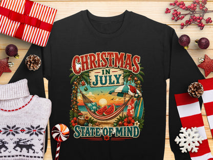 Christmas in July State of Mind graphic with hammock, surfboards, and beach sunset.