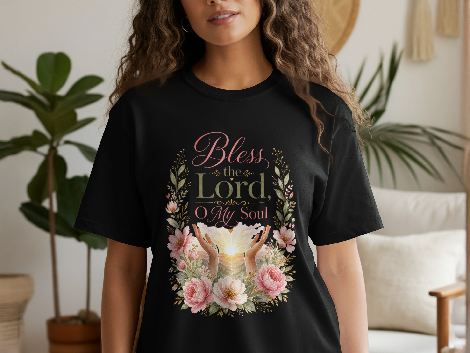 Black t-shirt with floral design and "Bless the Lord, O My Soul" text.