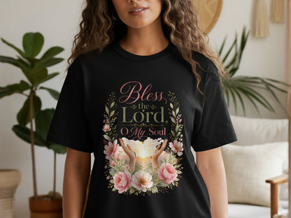 Black t-shirt with floral design and "Bless the Lord, O My Soul" text.