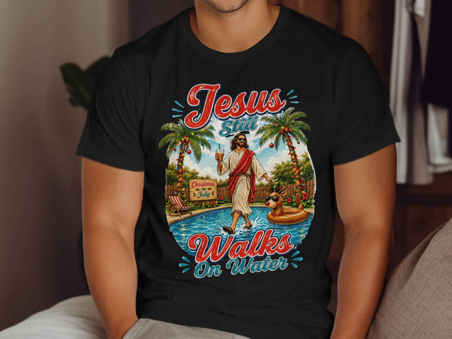 Jesus walks on water with inflatable reindeer and palm trees by pool.