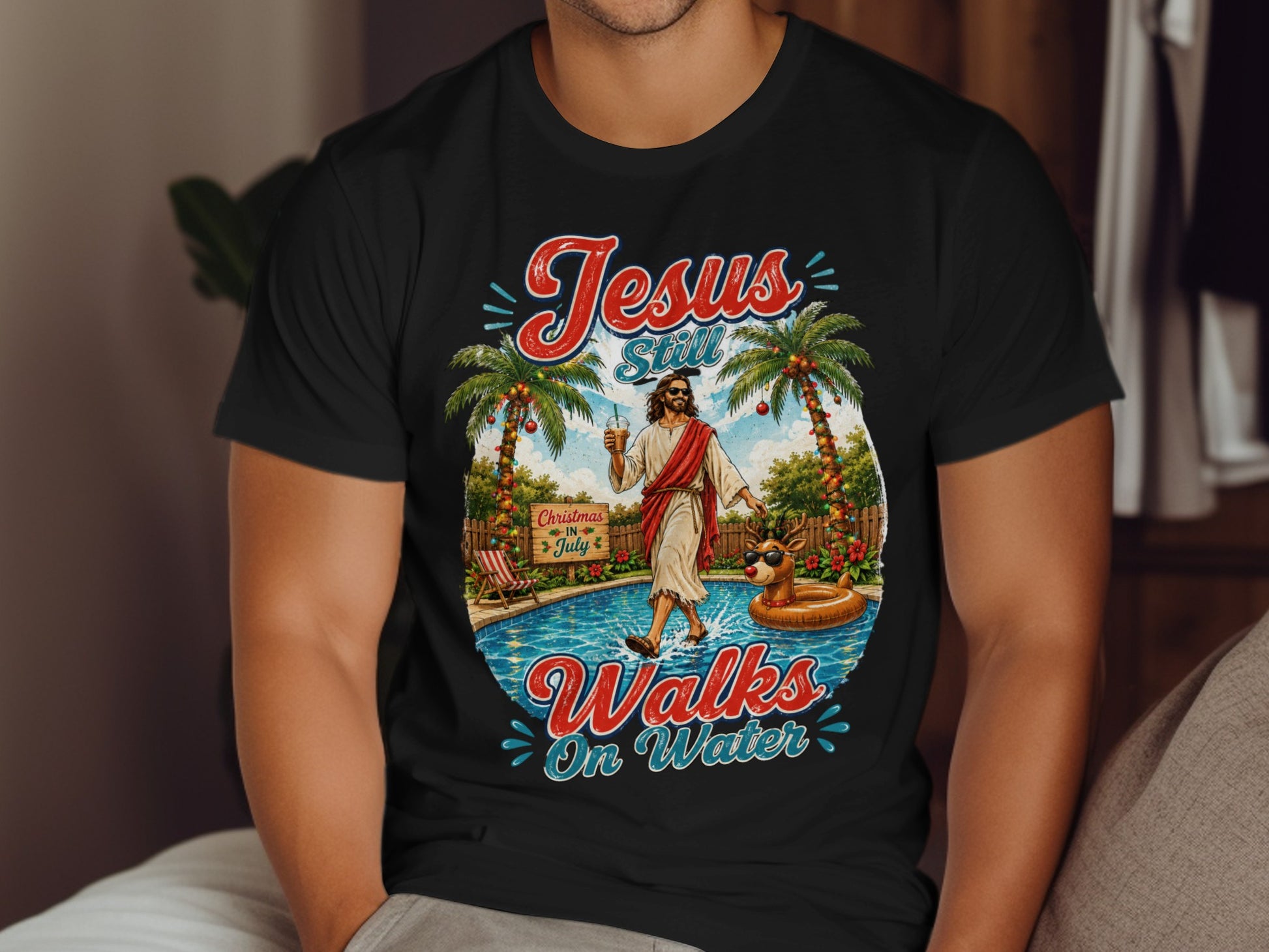 Jesus walks on water with inflatable reindeer and palm trees by pool.