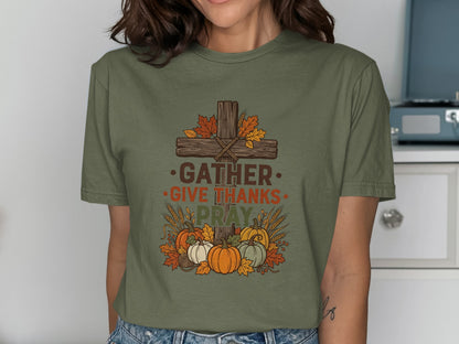 Olive green t-shirt with Thanksgiving cross, pumpkins, wheat, and text.