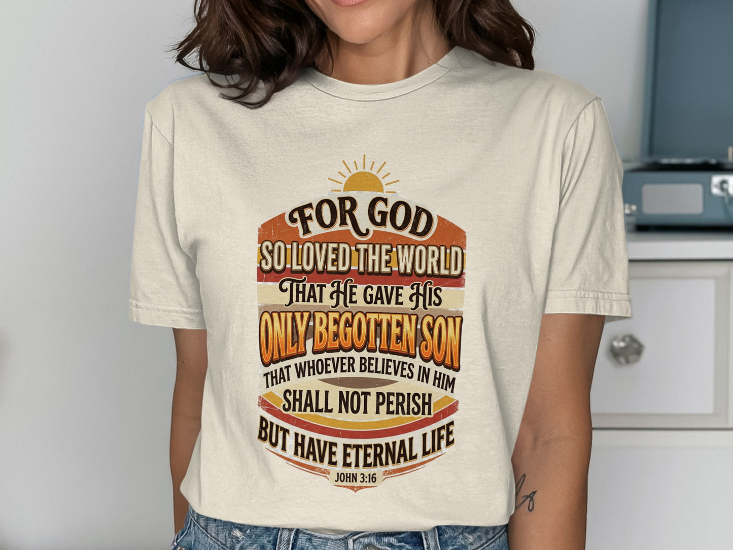T-shirt with John 3:16 bible verse "For God so loved the world".