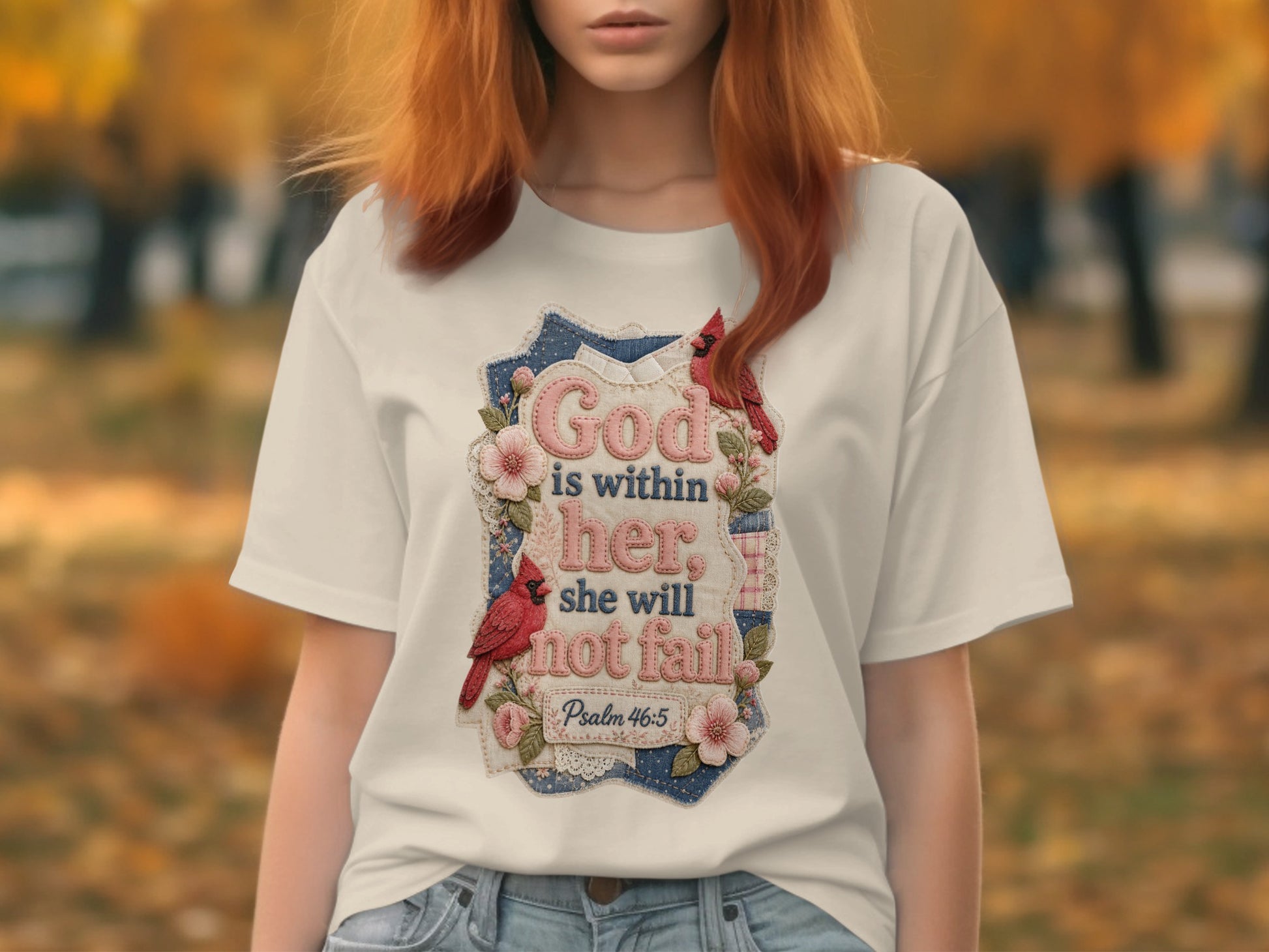 White t-shirt with "God is within her, she will not fail" and Psalm 46:5.
