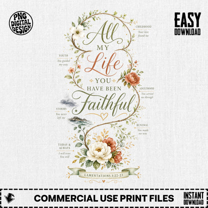 Floral wreath with "All My Life You Have Been Faithful" and scripture.