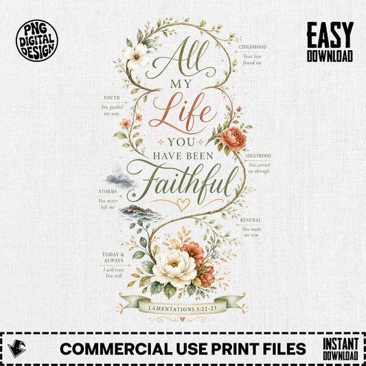Floral wreath with "All My Life You Have Been Faithful" and scripture.