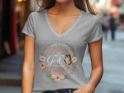 Gray t-shirt with "For Every Season of My Life God Has Been Faithful" and butterfly.