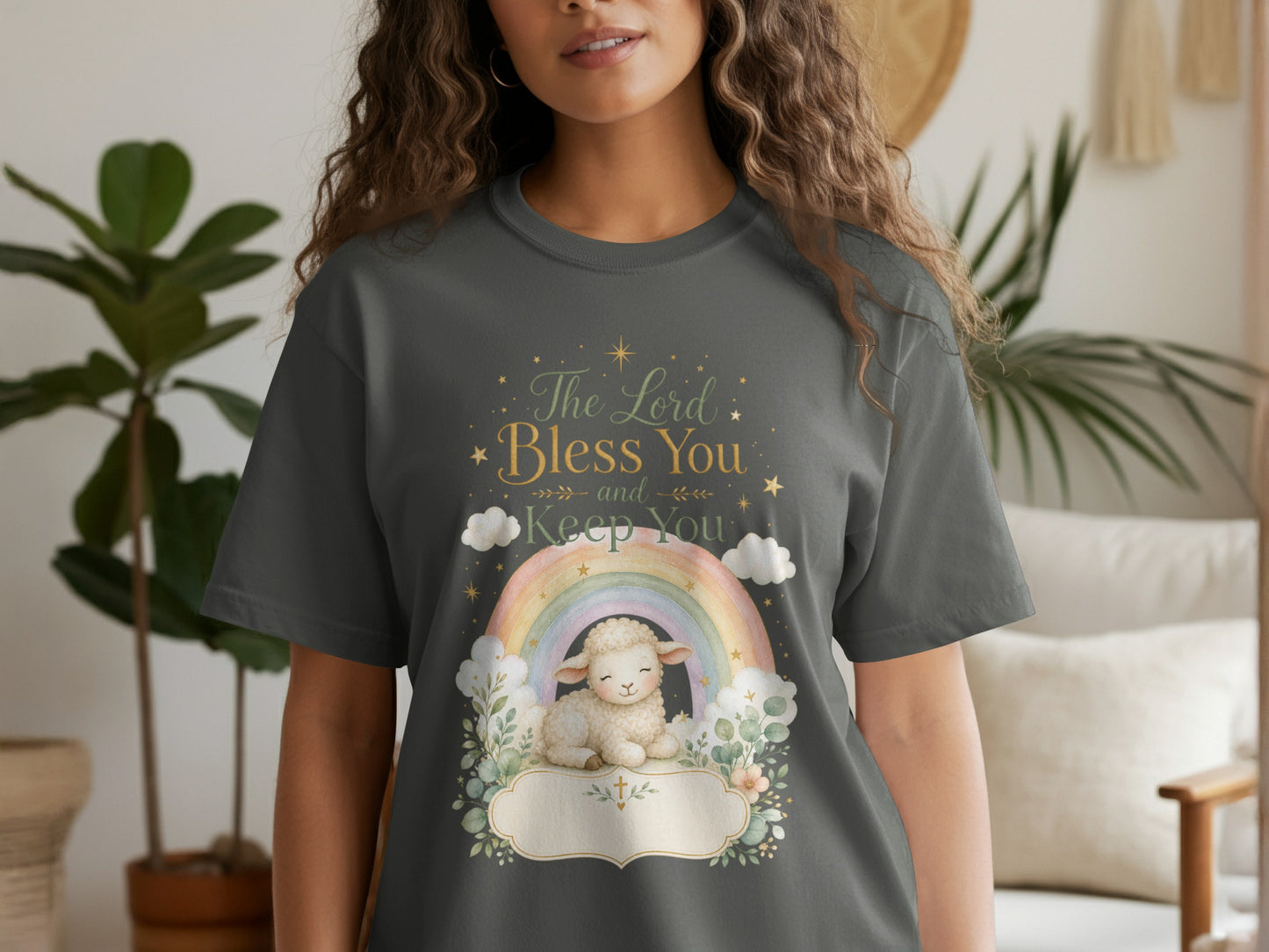 Dark grey t-shirt with "The Lord Bless You and Keep You" text and a lamb on a rainbow.