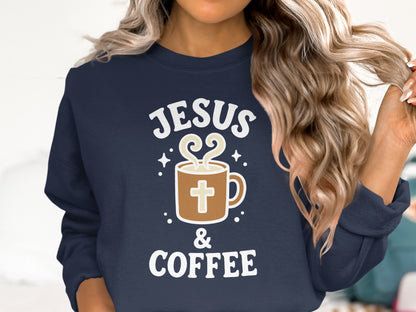 Navy sweatshirt with "Jesus & Coffee" text and a coffee mug graphic.
