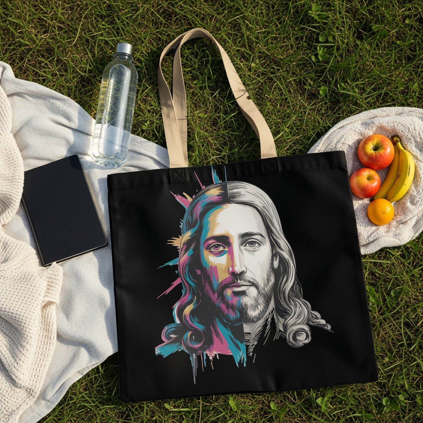Black tote bag with a colorful, half-finished portrait of Jesus.
