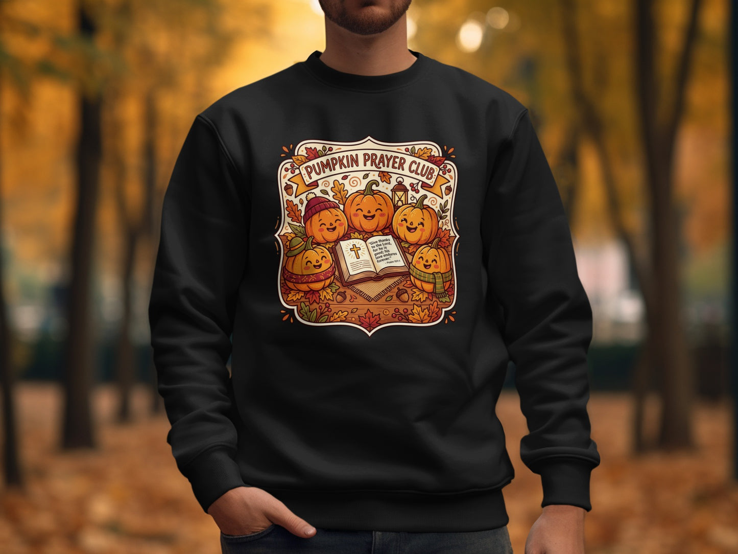 Black sweatshirt with "Pumpkin Prayer Club" graphic featuring smiling pumpkins and Psalm 107:1.