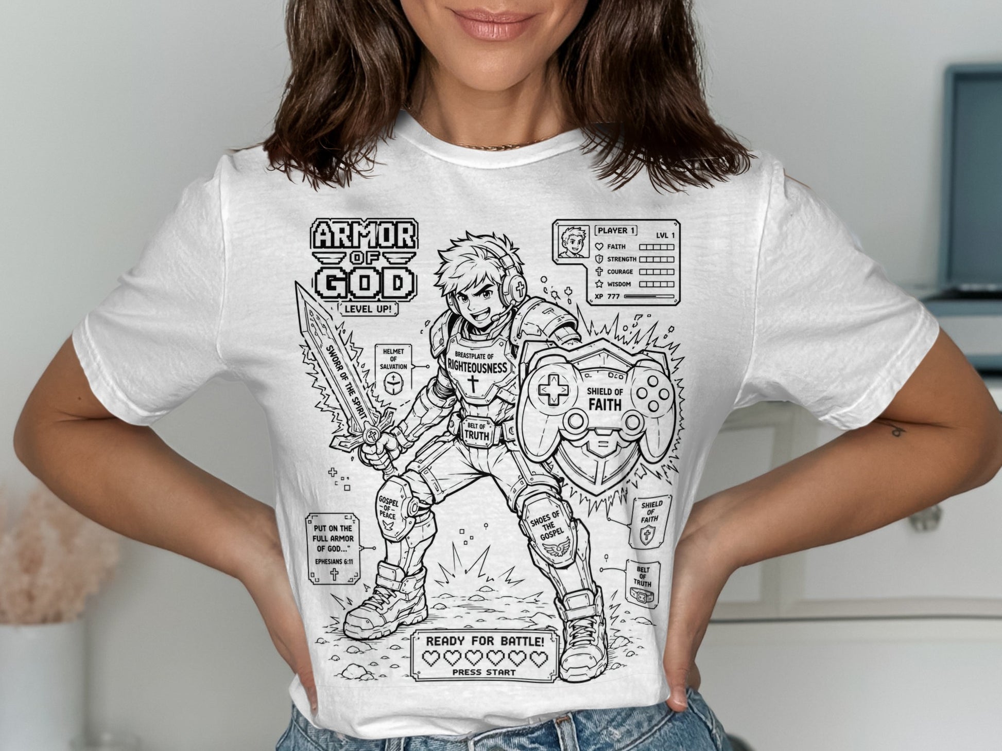 Armor of God design with "Ready for Battle!" text, featuring game-like stats.