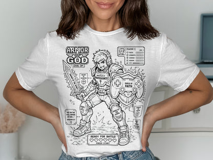 Armor of God design with "Ready for Battle!" text, featuring game-like stats.
