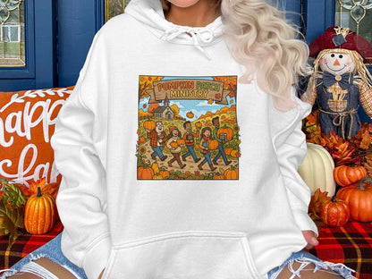 Hoodie with "Pumpkin Patch Ministry" cartoon of people carrying pumpkins.