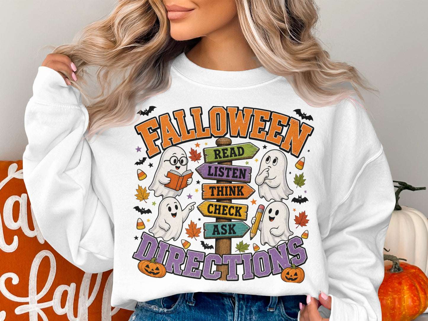 Halloween graphic with ghosts reading, asking, thinking, and checking directions.