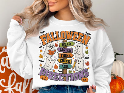 Halloween graphic with ghosts reading, asking, thinking, and checking directions.