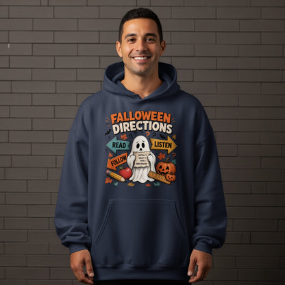 Navy hoodie with ghost, pumpkins, and "Falloween Directions" text.