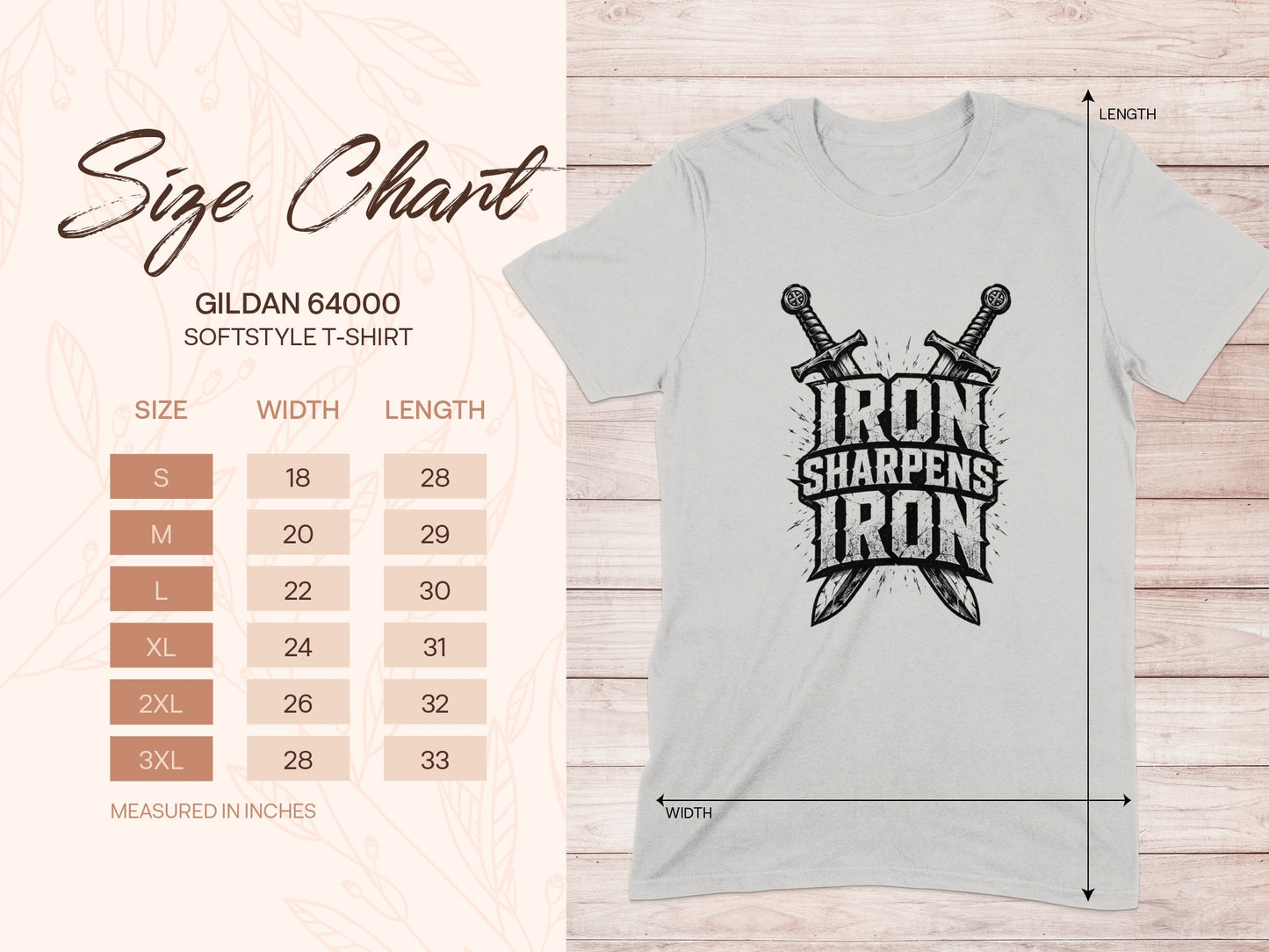 Gildan 64000 size chart with chest and length measurements for a t-shirt.