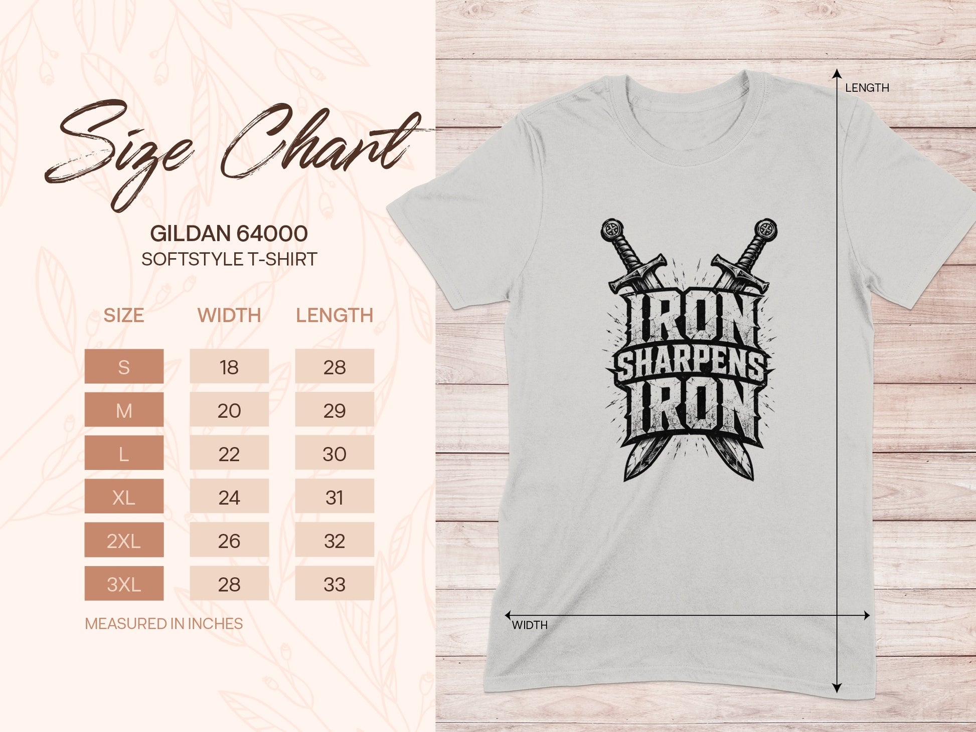 Gildan 64000 size chart with chest and length measurements for a t-shirt.
