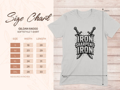 Gildan 64000 size chart with chest and length measurements for a t-shirt.