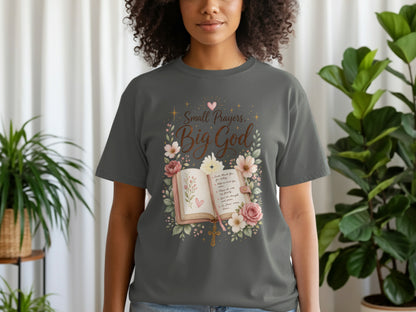Gray t-shirt with "Small Prayers, Big God" and an open book with prayers, flowers, and a cross.