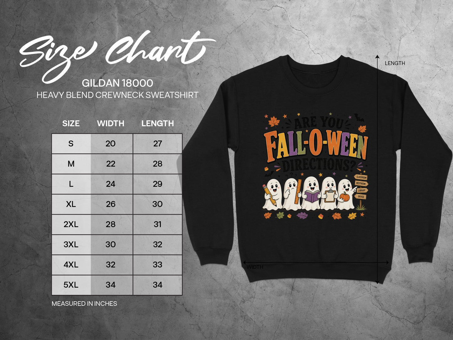 Gildan 18000 size chart for black Halloween crewneck sweatshirt with ghosts.