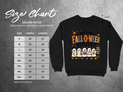 Gildan 18000 size chart for black Halloween crewneck sweatshirt with ghosts.