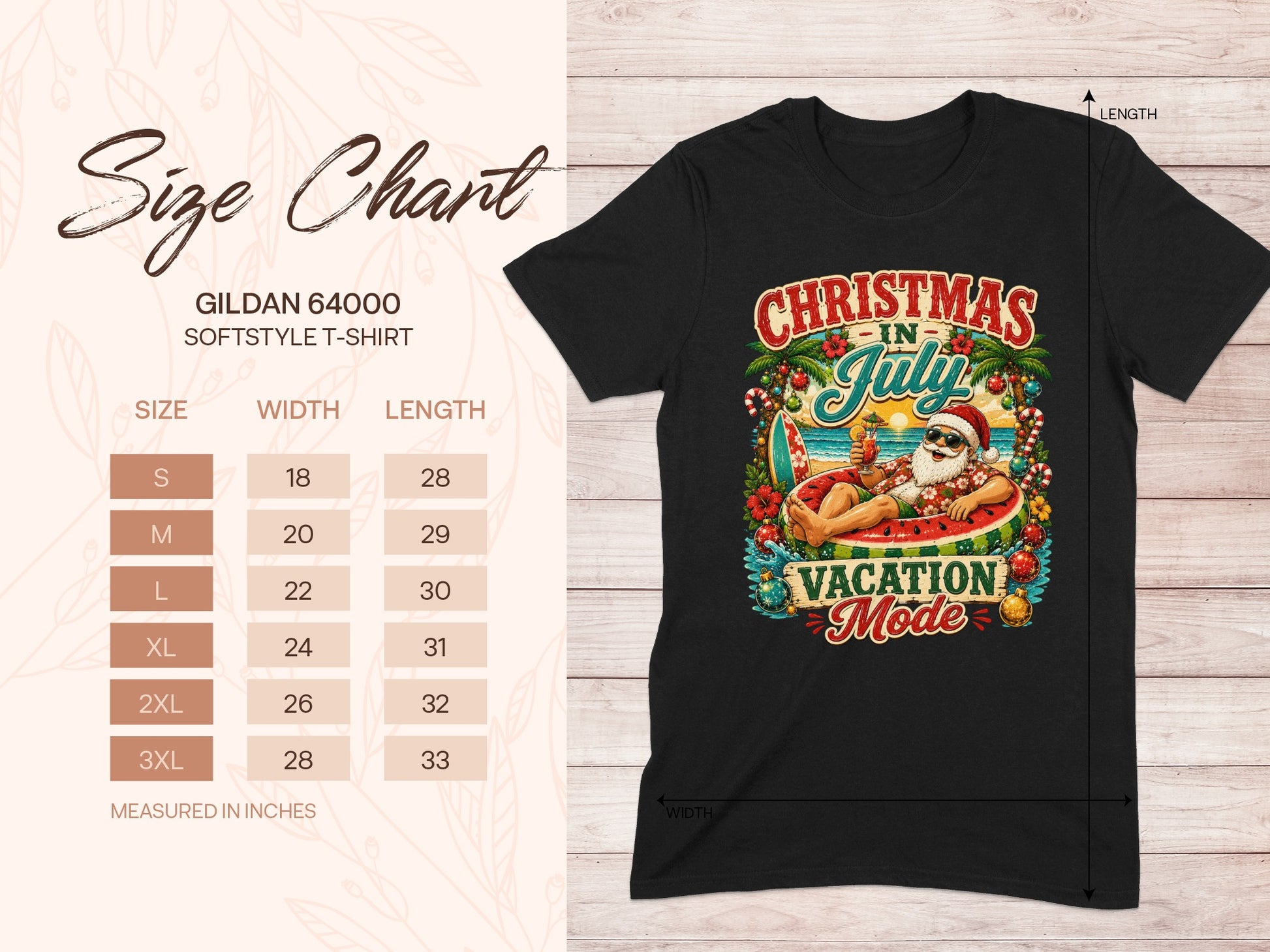 Gildan 64000 t-shirt size chart with Christmas in July graphic.