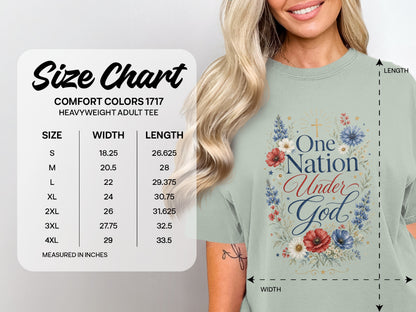 Comfort Colors 1717 heavyweight adult tee size chart with measurements.