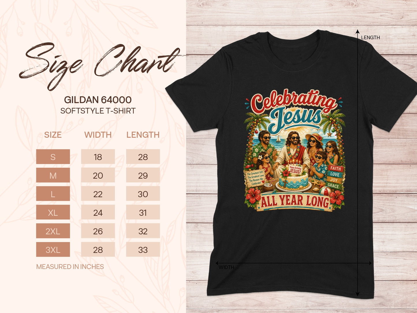 T-shirt graphic with "Celebrating Jesus" and a size chart for Gildan 64000 Softstyle T-shirts.