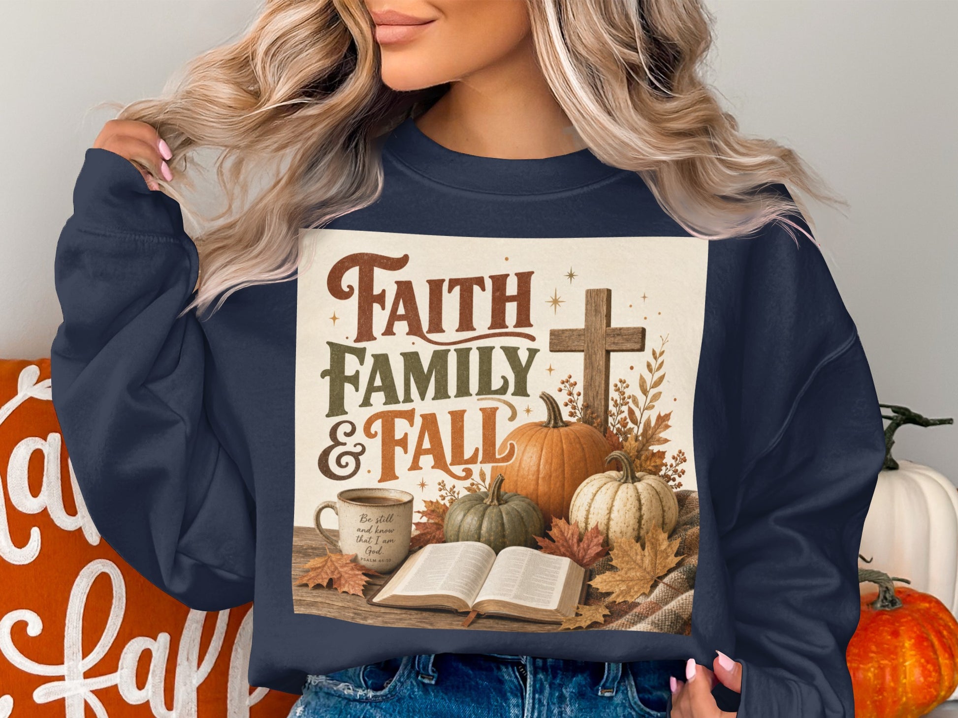 Faith Family & Fall graphic with pumpkins, cross, bible, and mug.