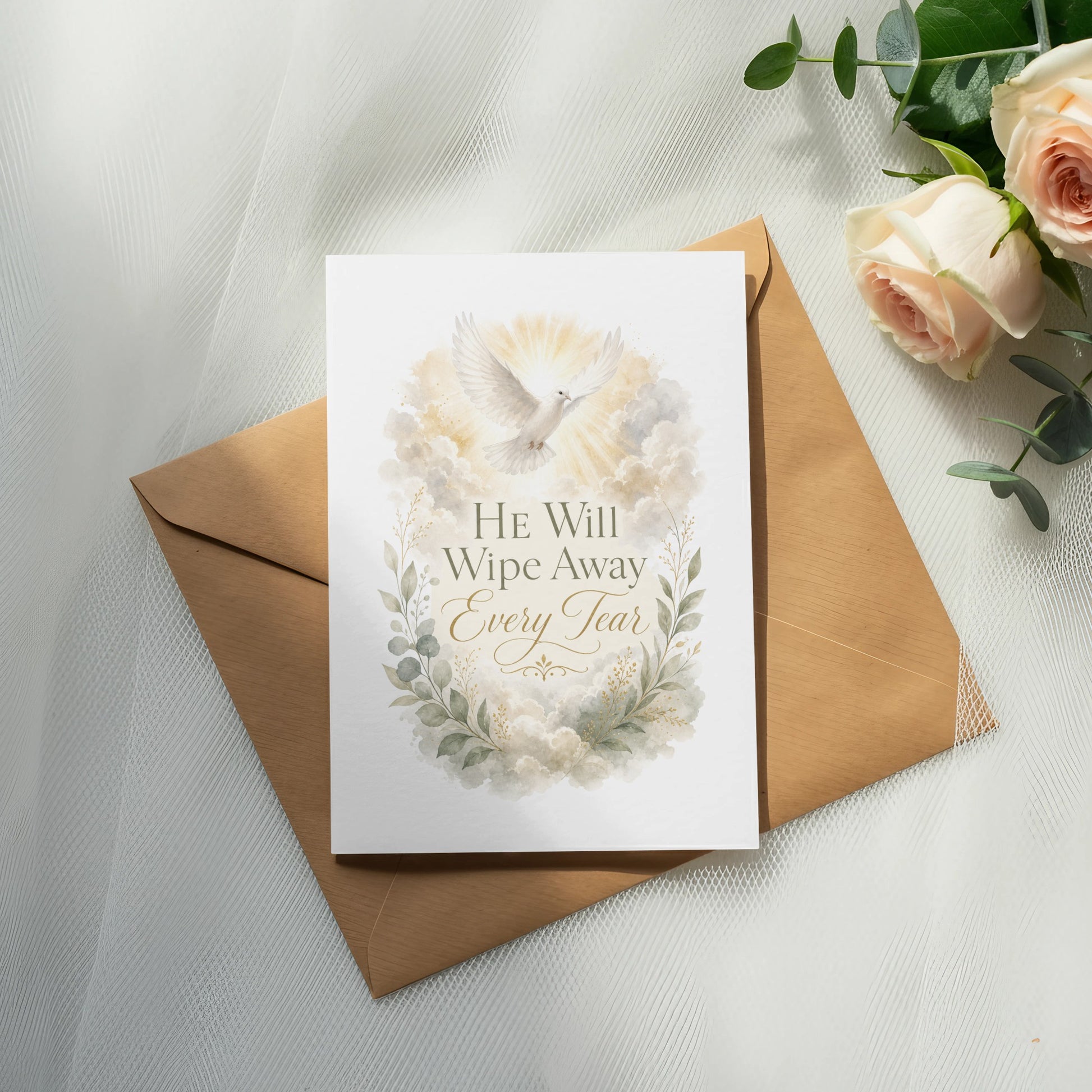 Card with dove, clouds, and the text "He Will Wipe Away Every Tear".