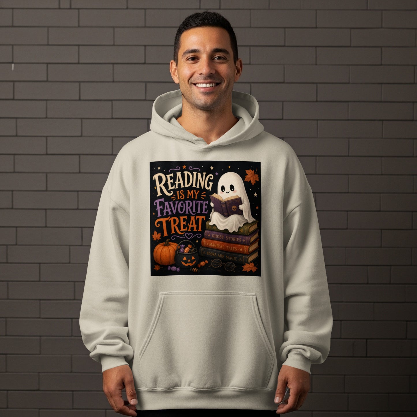 A cute ghost reads a book on a stack of books, with text "Reading is my favorite treat".