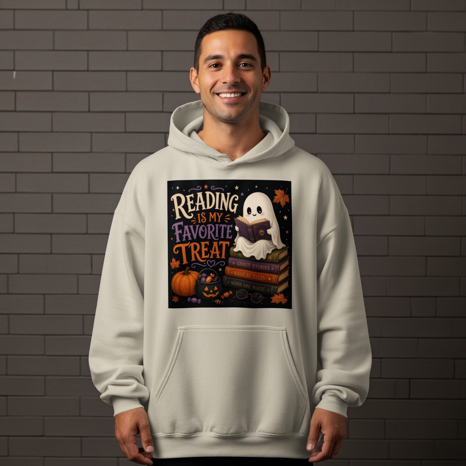 A cute ghost reads a book on a stack of books, with text "Reading is my favorite treat".