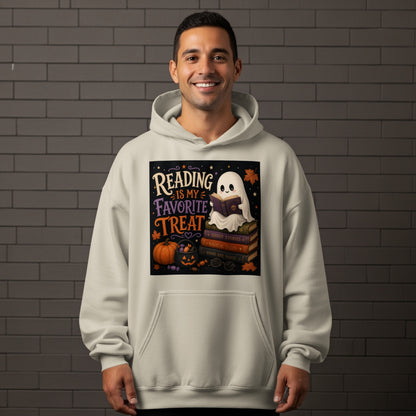 A cute ghost reads a book on a stack of books, with text "Reading is my favorite treat".