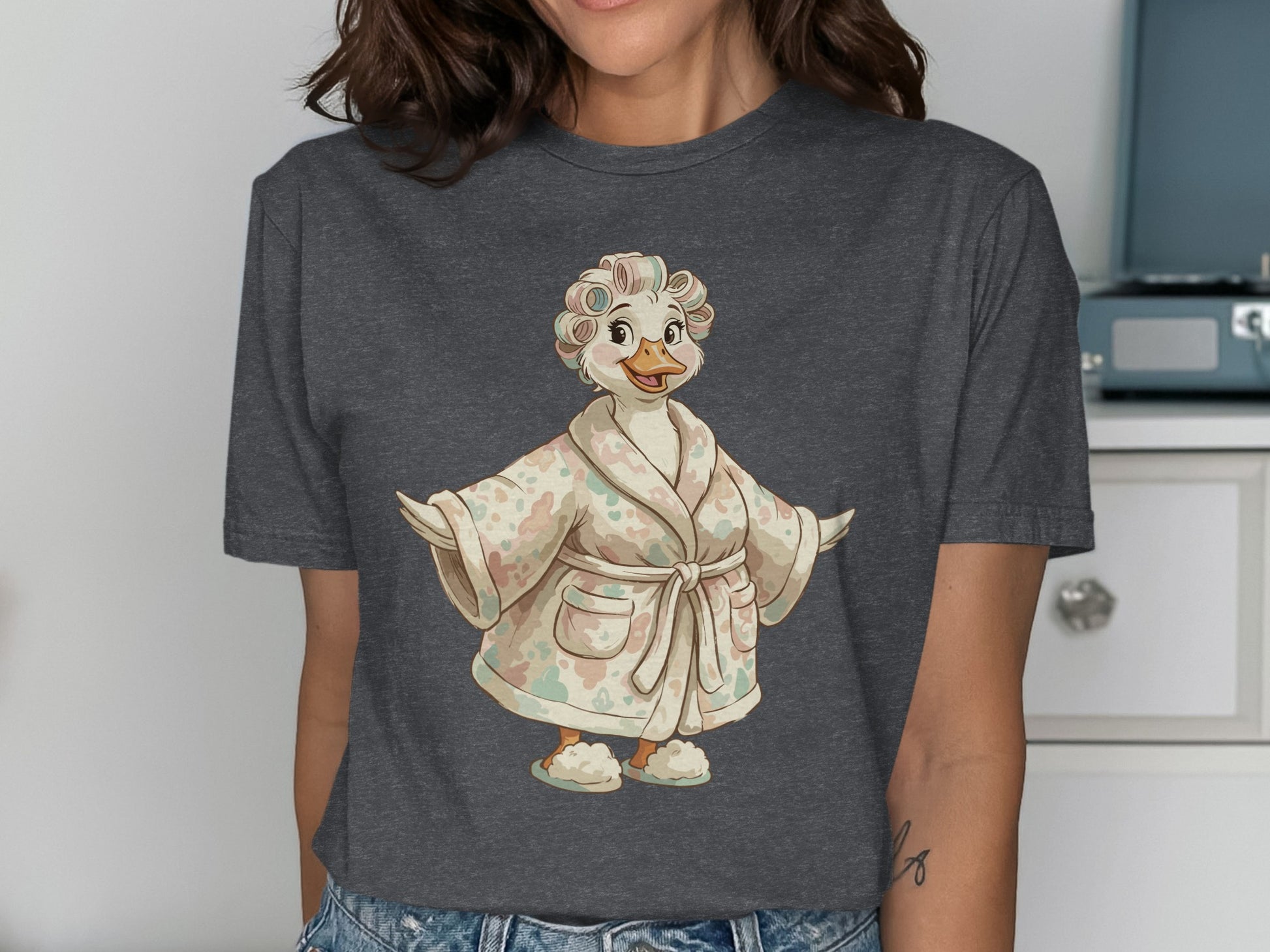 Duck in bathrobe and curlers.