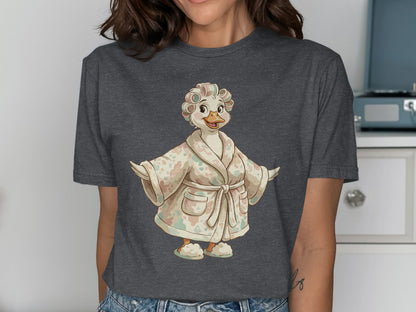 Duck in bathrobe and curlers.