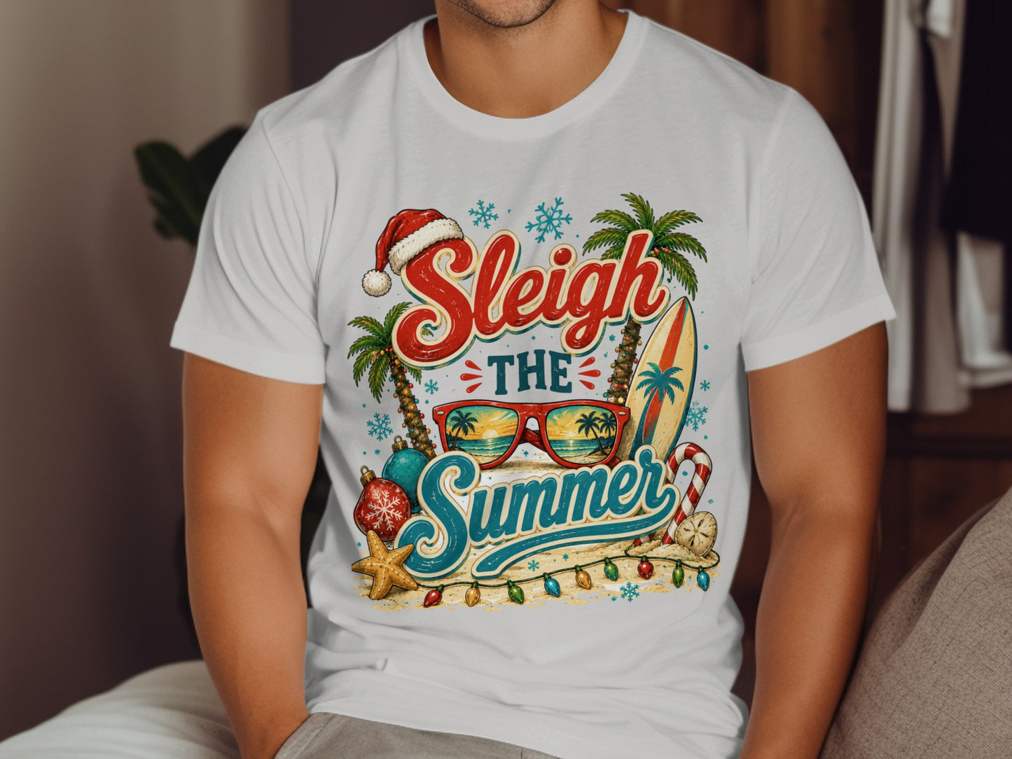 Christmas Santa hat and sunglasses over "Sleigh the Summer" text.