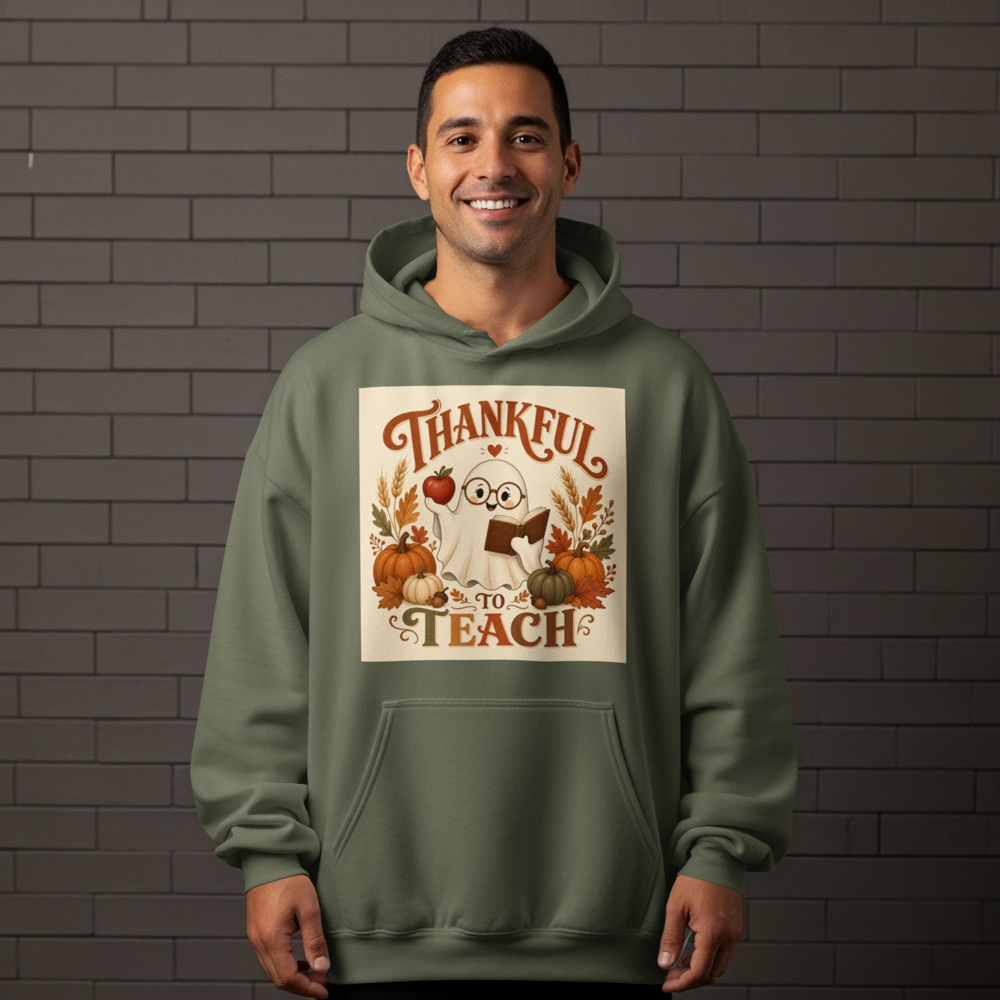 Ghost wearing glasses and holding apple and book, thankful to teach graphic.